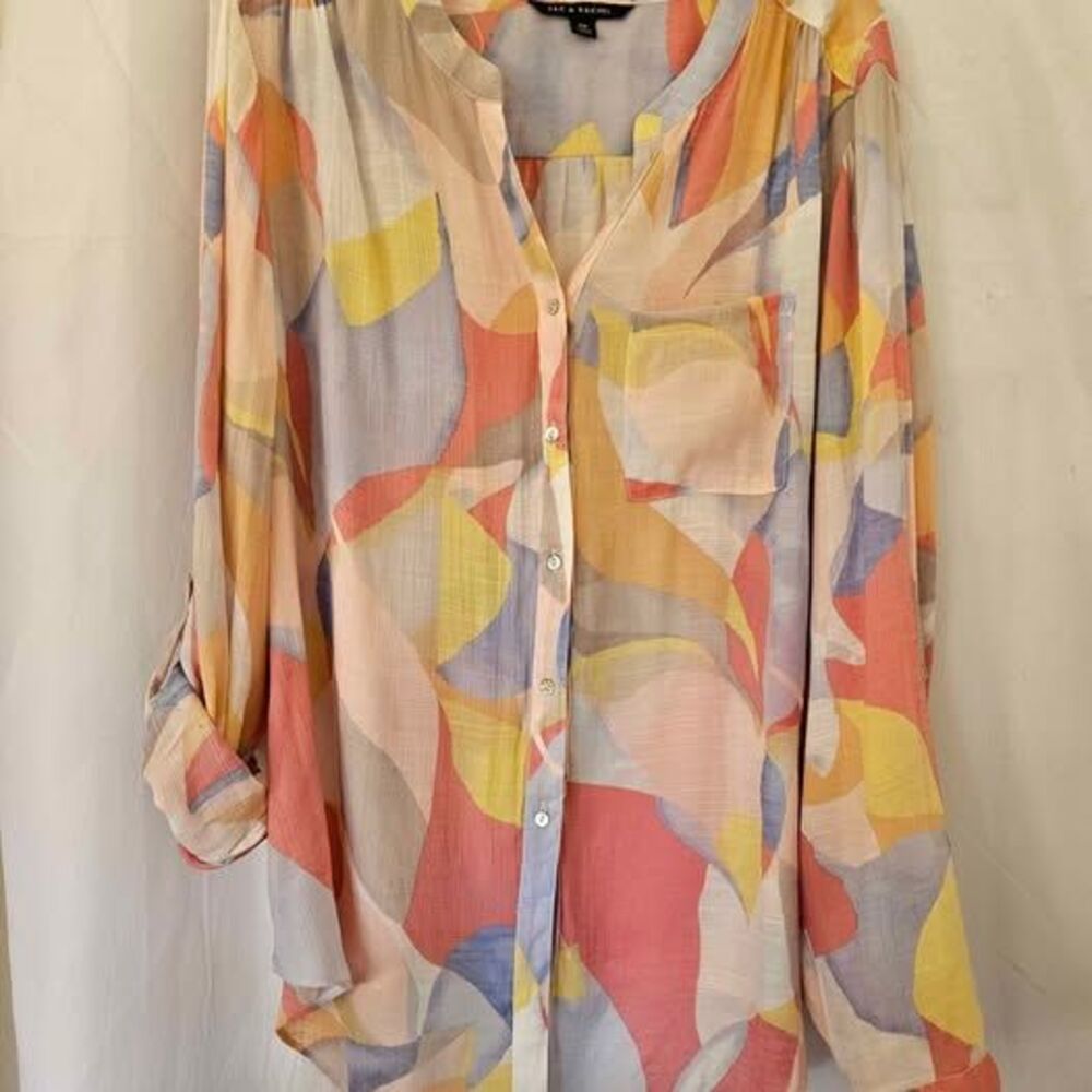 Zac & Rachel XXL Abstract Print Roll Tab Sleeve Blouse Shirt